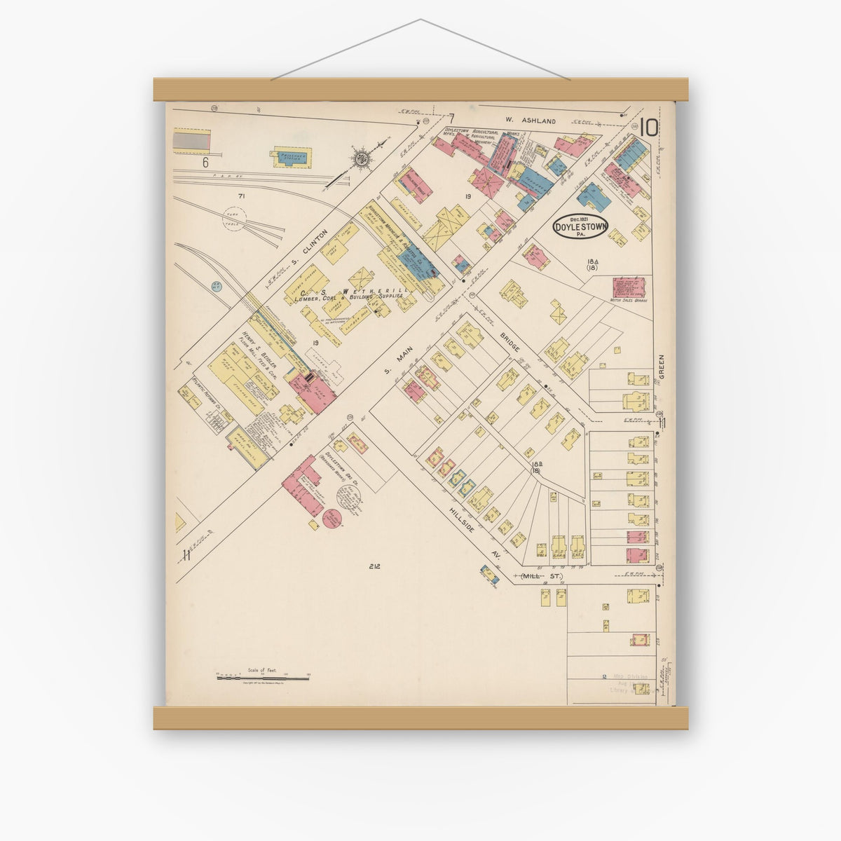 Old map wall art mockup — magnetic wood frame on white wall — Sanborn Fire Insurance Map from Doylestown, Bucks County, Pennsylvania (1922), Sheet #0010