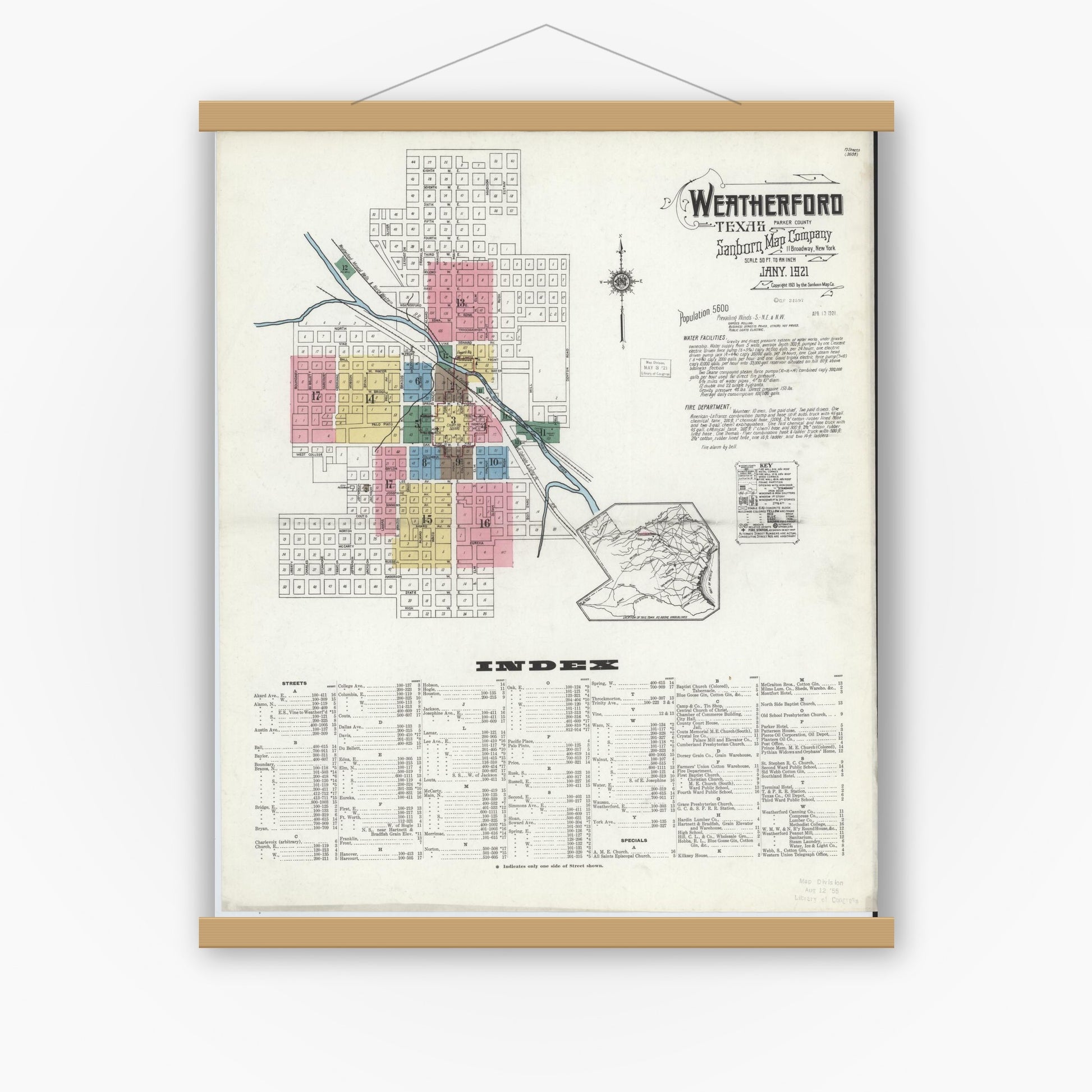 Old map wall art mockup — magnetic wood frame on white wall — Sanborn Fire Insurance Map from Weatherford, Parker County, Texas (1921), Sheet #0001