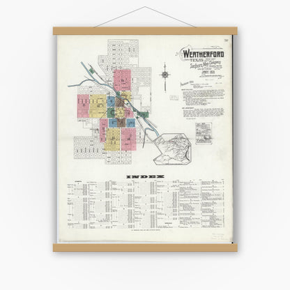Old map wall art mockup — magnetic wood frame on white wall — Sanborn Fire Insurance Map from Weatherford, Parker County, Texas (1921), Sheet #0001