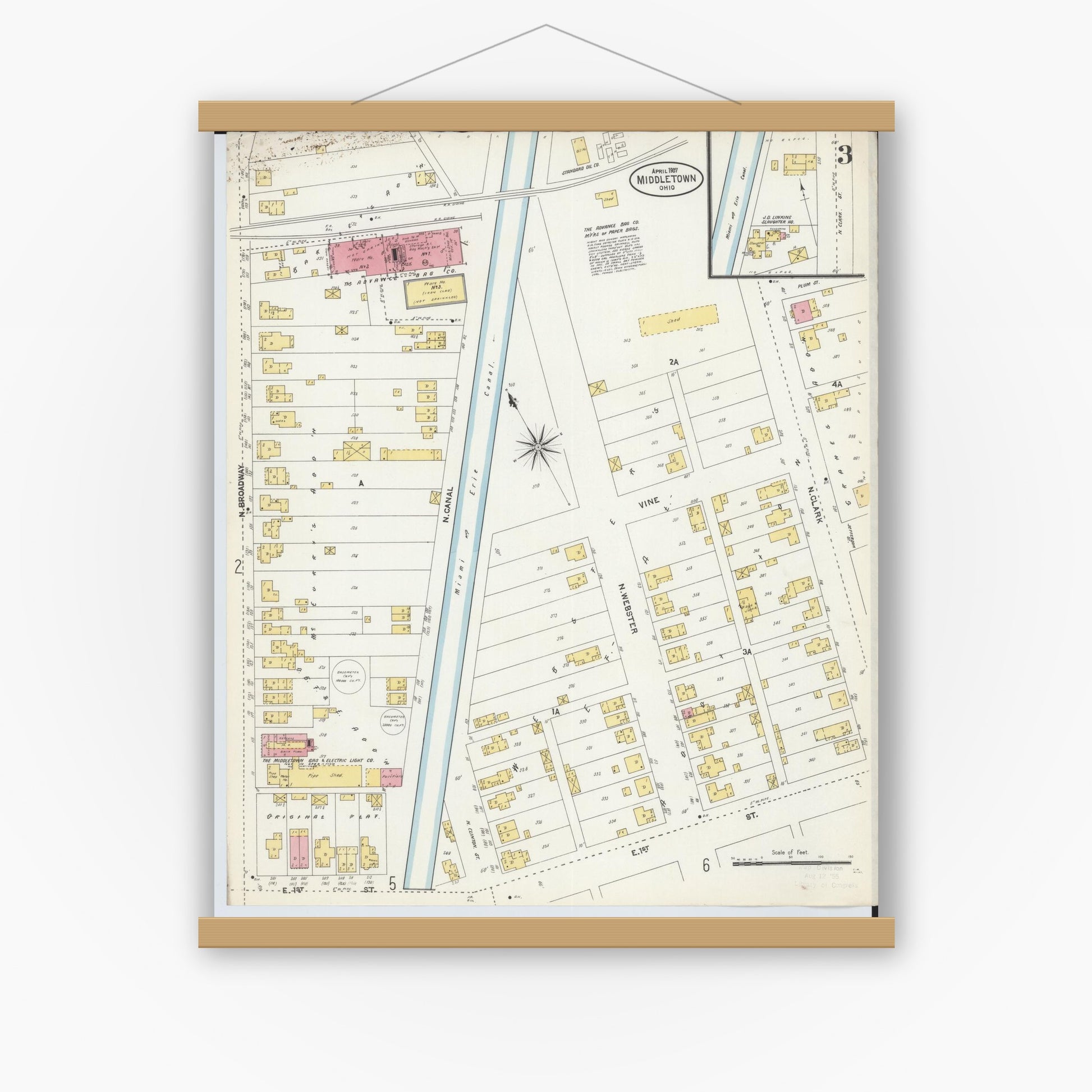 Old map wall art mockup — magnetic wood frame on white wall — Sanborn Fire Insurance Map from Middletown, Butler County, Ohio (1907), Sheet #0003