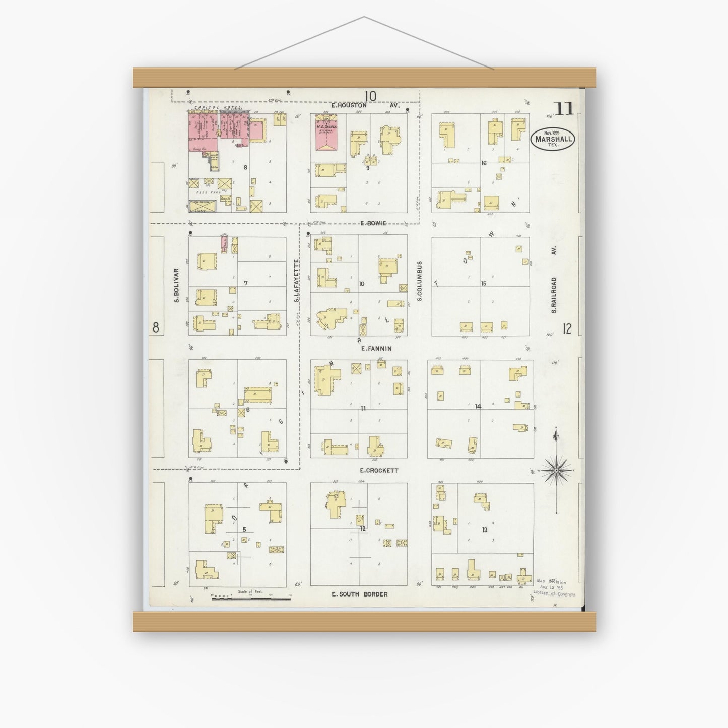 Old map wall art mockup — magnetic wood frame on white wall — Sanborn Fire Insurance Map from Marshall, Harrison County, Texas (1899), Sheet #0011