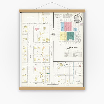 Old map wall art mockup — magnetic wood frame on white wall — Sanborn Fire Insurance Map from Corning, Adams County, Iowa (1893), Sheet #0001