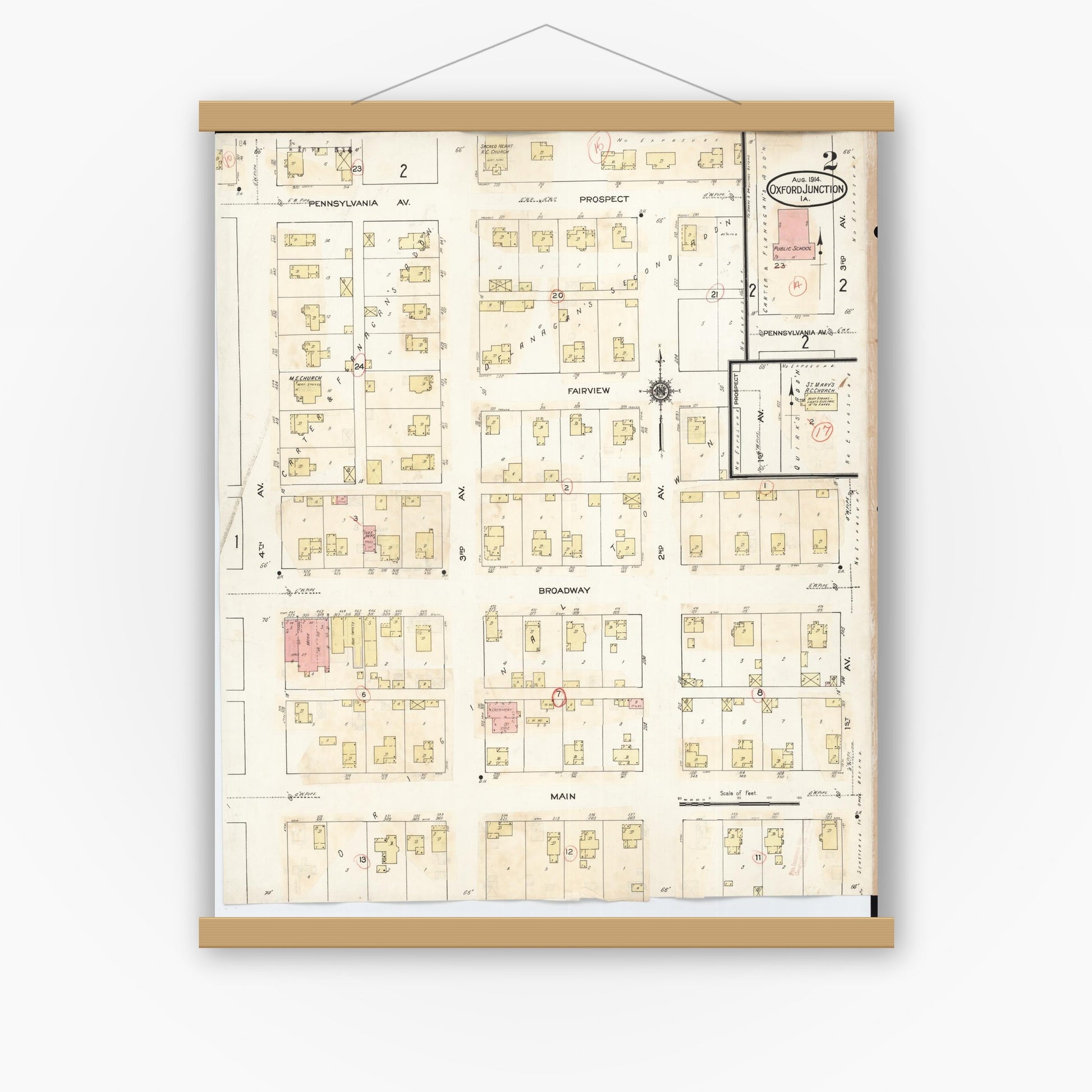 Old map wall art mockup — magnetic wood frame on white wall — Sanborn Fire Insurance Map from Oxford Junction, Jones County, Iowa (1939), Sheet #0002