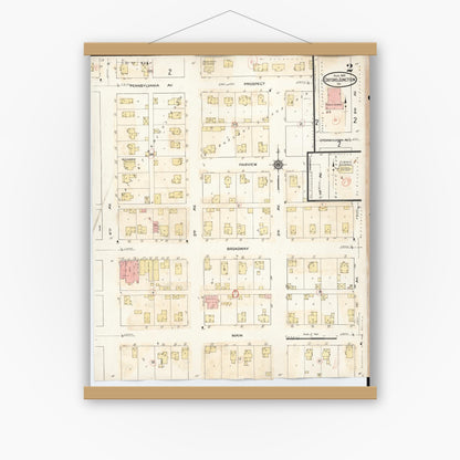 Old map wall art mockup — magnetic wood frame on white wall — Sanborn Fire Insurance Map from Oxford Junction, Jones County, Iowa (1939), Sheet #0002