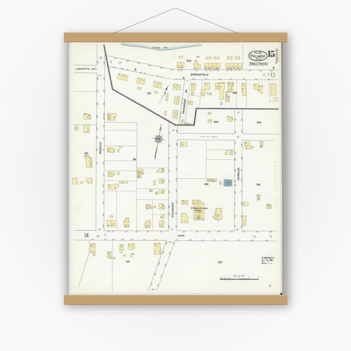 Old map wall art mockup — magnetic wood frame on white wall — Sanborn Fire Insurance Map from Palmer, Hampden County, Massachusetts (1911), Sheet #0015