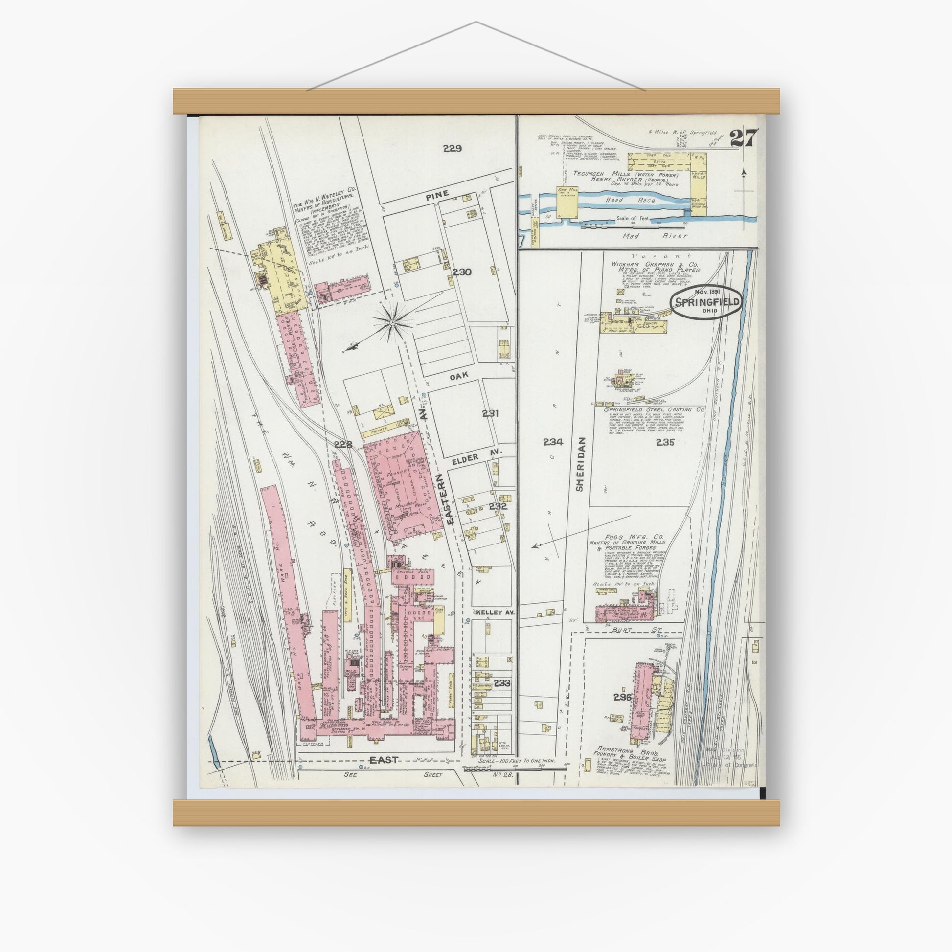 Old map wall art mockup — magnetic wood frame on white wall — Sanborn Fire Insurance Map from Springfield, Clark County, Ohio (1891), Sheet #0027