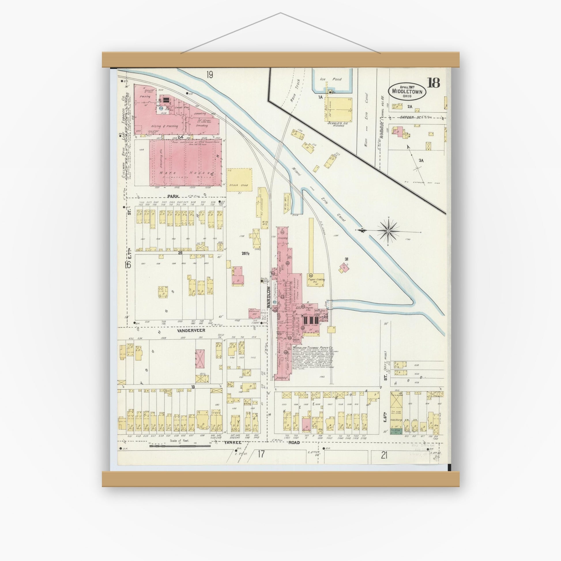 Old map wall art mockup — magnetic wood frame on white wall — Sanborn Fire Insurance Map from Middletown, Butler County, Ohio (1907), Sheet #0018