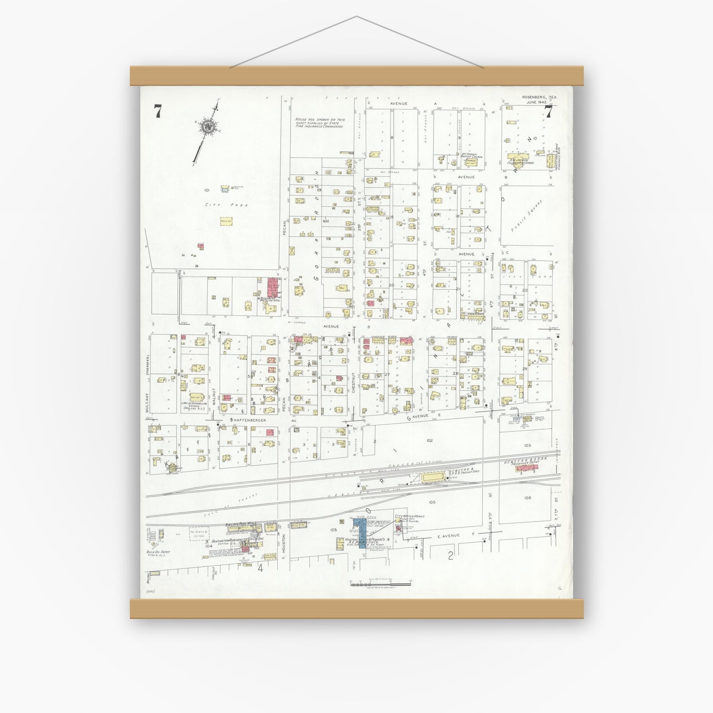 Old map wall art mockup — magnetic wood frame on white wall — Sanborn Fire Insurance Map from Rosenberg, Fort Bend County, Texas (1942), Sheet #0007