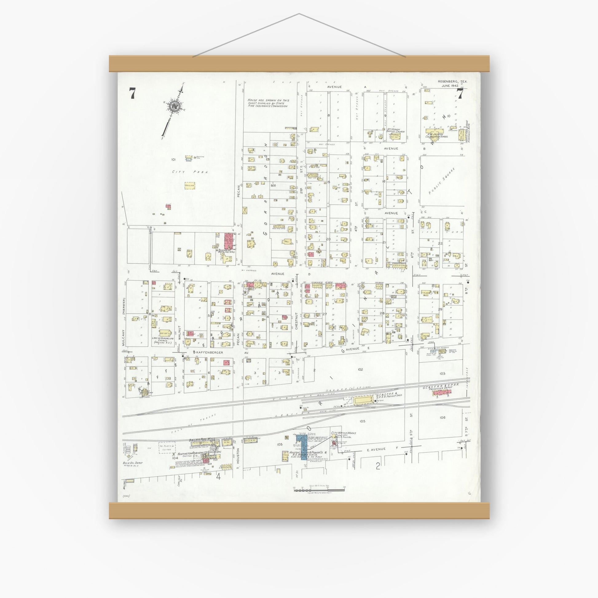 Old map wall art mockup — magnetic wood frame on white wall — Sanborn Fire Insurance Map from Rosenberg, Fort Bend County, Texas (1942), Sheet #0007