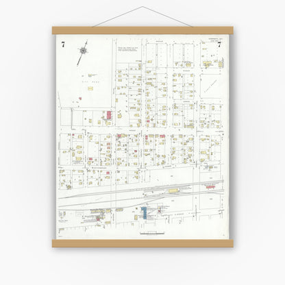 Old map wall art mockup — magnetic wood frame on white wall — Sanborn Fire Insurance Map from Rosenberg, Fort Bend County, Texas (1942), Sheet #0007