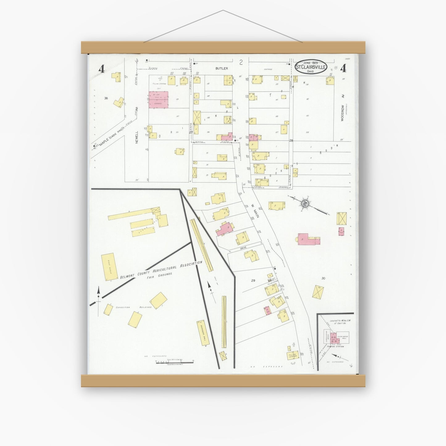 Old map wall art mockup — magnetic wood frame on white wall — Sanborn Fire Insurance Map from Saint Clairsville, Belmont County, Ohio (1929), Sheet #0004