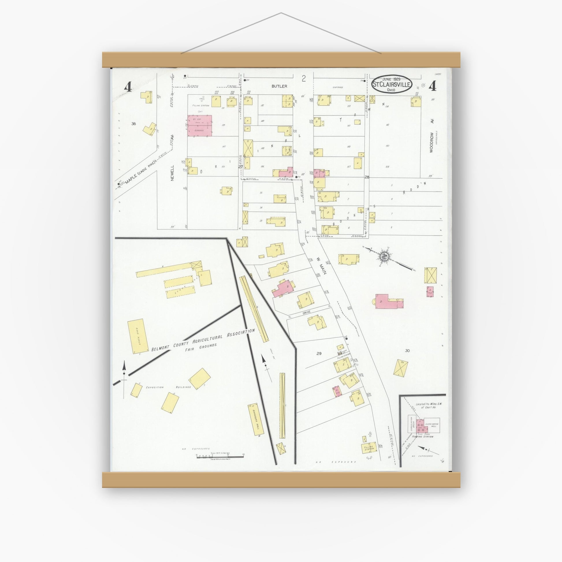 Old map wall art mockup — magnetic wood frame on white wall — Sanborn Fire Insurance Map from Saint Clairsville, Belmont County, Ohio (1929), Sheet #0004