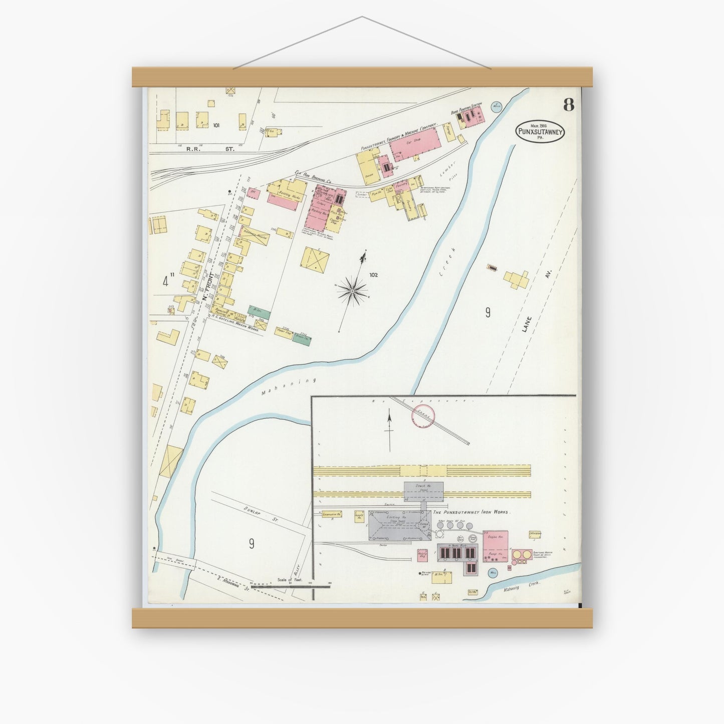Old map wall art mockup — magnetic wood frame on white wall — Sanborn Fire Insurance Map from Punxsutawney, Jefferson County, Pennsylvania (1906), Sheet #0008