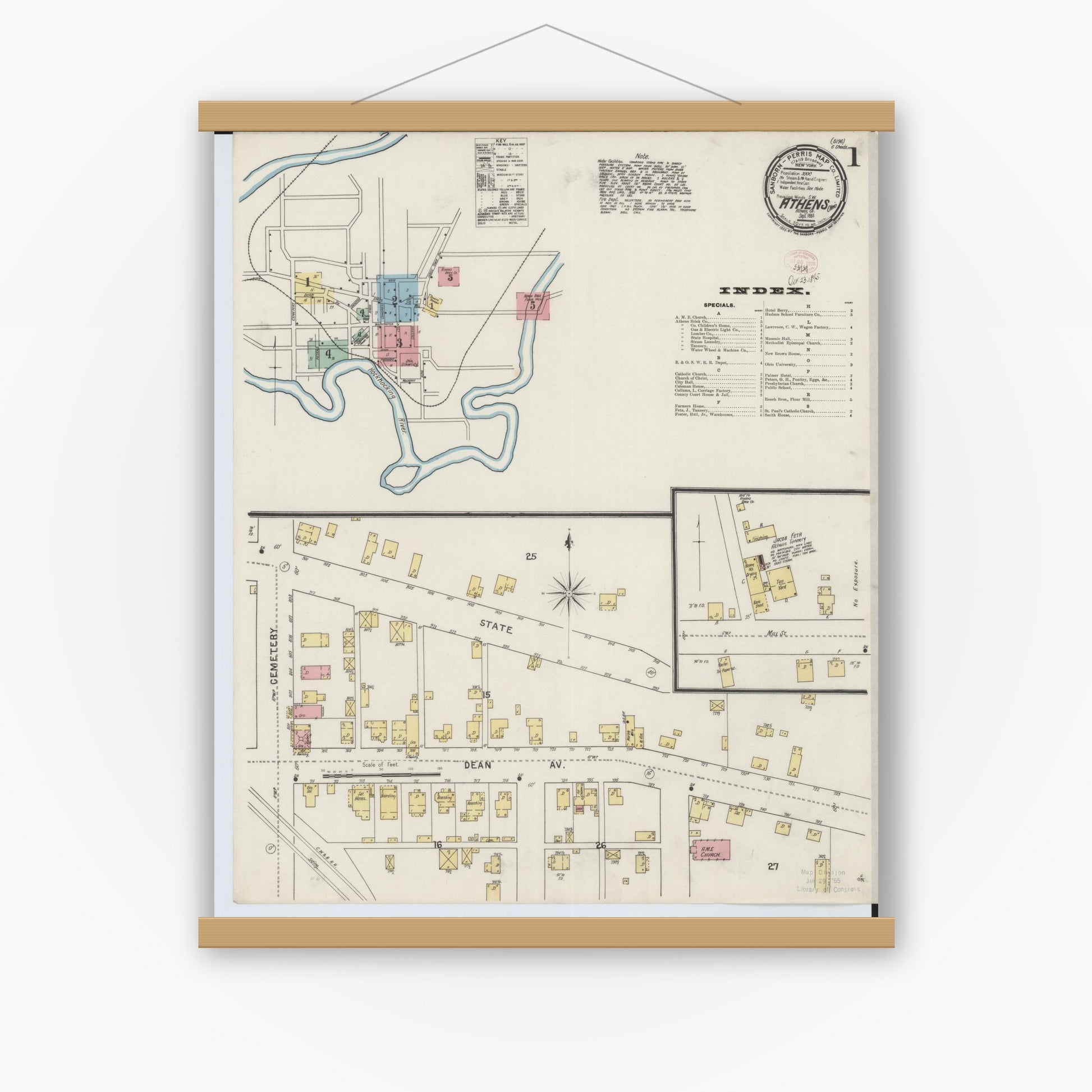 Old map wall art mockup — magnetic wood frame on white wall — Sanborn Fire Insurance Map from Athens, Athens County, Ohio (1895) - Complete Map Set