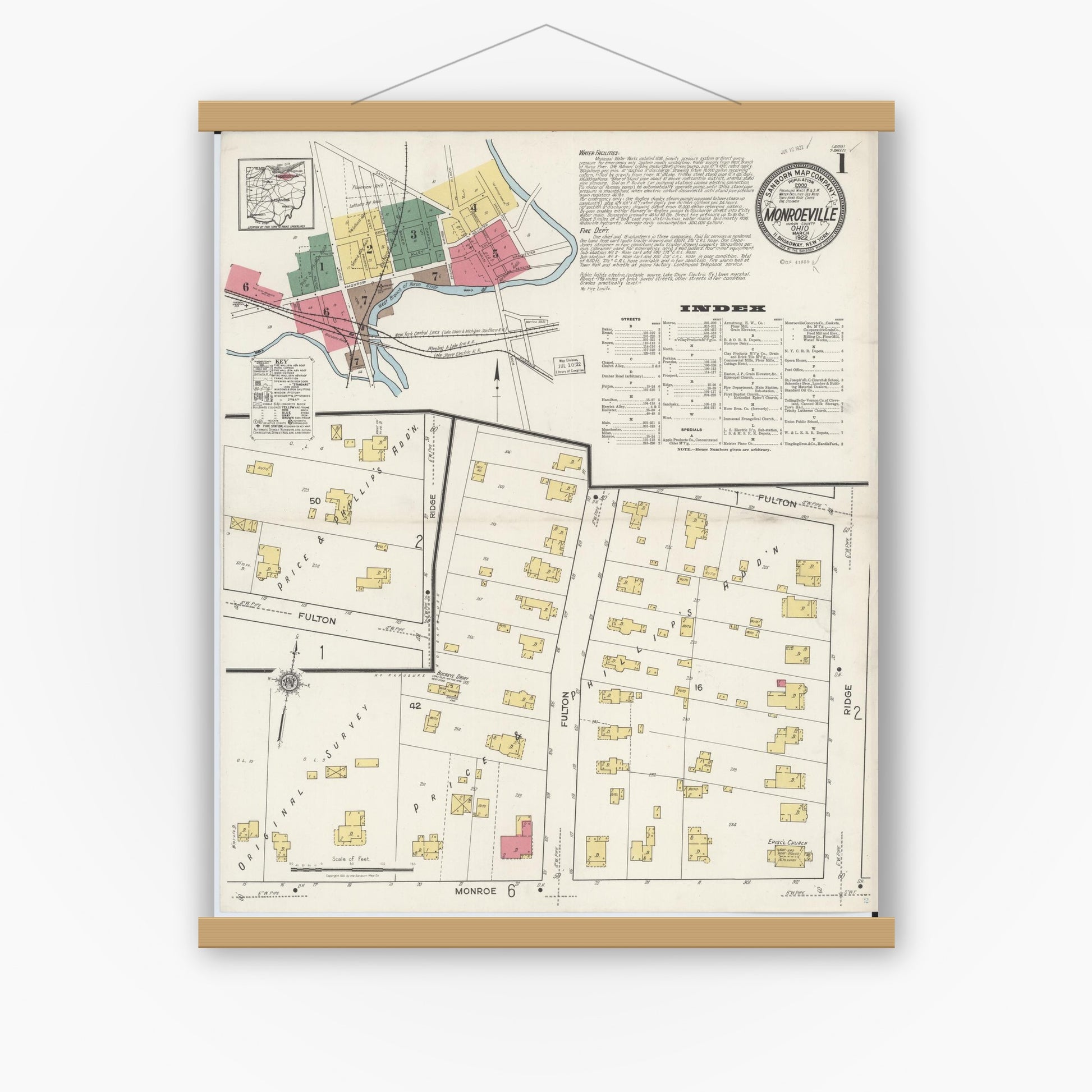 Old map wall art mockup — magnetic wood frame on white wall — Sanborn Fire Insurance Map from Monroeville, Huron County, Ohio (1922) - Complete Map Set