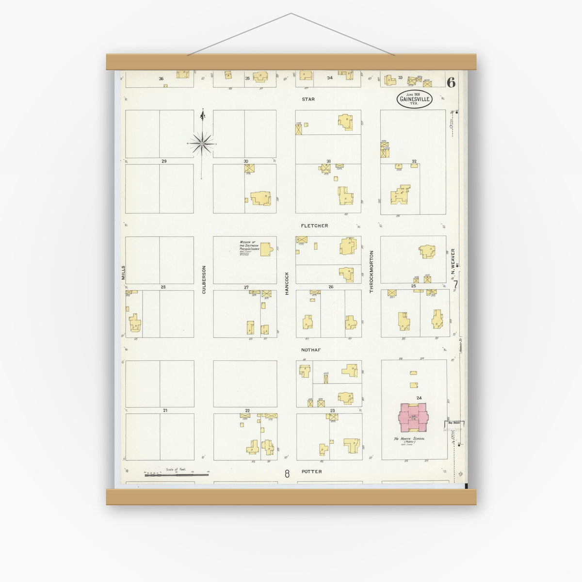 Old map wall art mockup — magnetic wood frame on white wall — Sanborn Fire Insurance Map from Gainesville, Cooke County, Texas (1908), Sheet #0006
