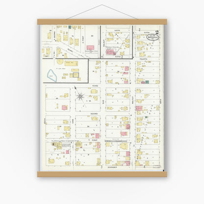 Old map wall art mockup — magnetic wood frame on white wall — Sanborn Fire Insurance Map from Batesville, Ripley County, Indiana (1909), Sheet #0002