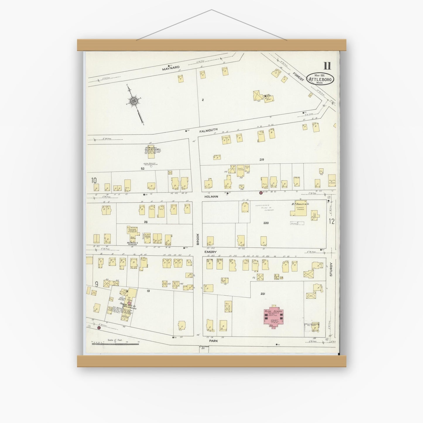 Old map wall art mockup — magnetic wood frame on white wall — Sanborn Fire Insurance Map from Attleboro, Bristol County, Massachusetts (1911), Sheet #0011
