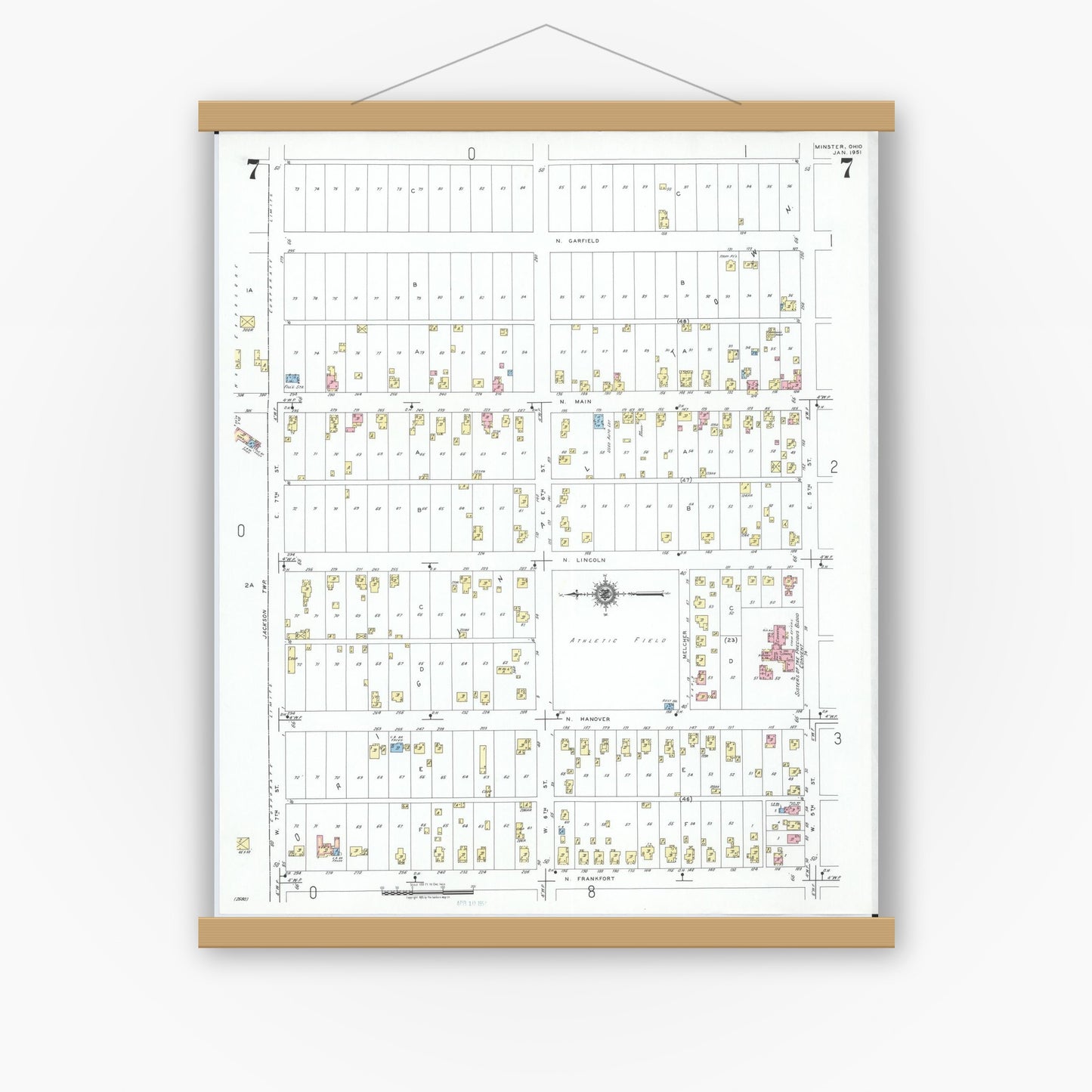 Old map wall art mockup — magnetic wood frame on white wall — Sanborn Fire Insurance Map from Minster, Auglaize County, Ohio (1951), Sheet #0007