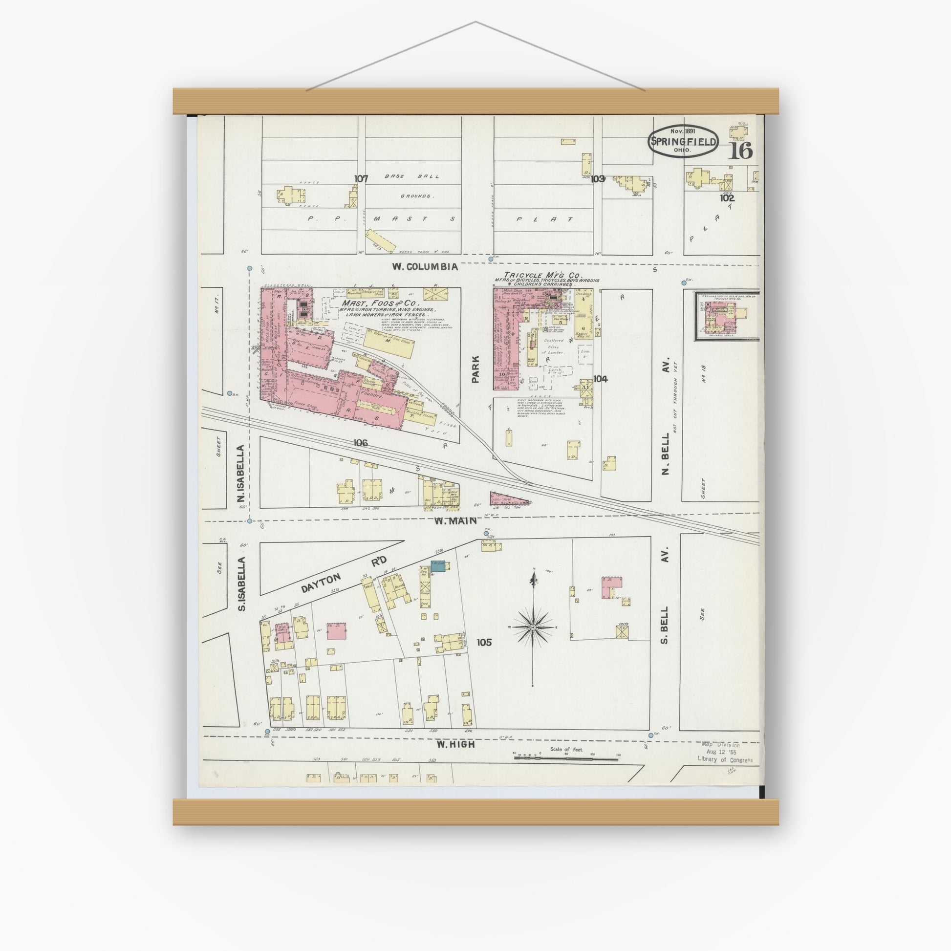 Old map wall art mockup — magnetic wood frame on white wall — Sanborn Fire Insurance Map from Springfield, Clark County, Ohio (1891), Sheet #0016