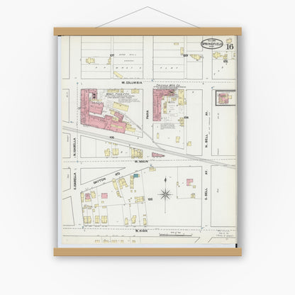 Old map wall art mockup — magnetic wood frame on white wall — Sanborn Fire Insurance Map from Springfield, Clark County, Ohio (1891), Sheet #0016