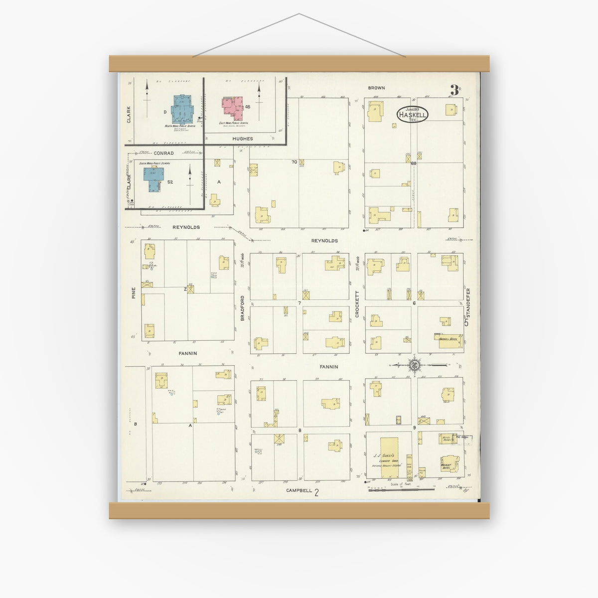 Old map wall art mockup — magnetic wood frame on white wall — Sanborn Fire Insurance Map from Haskell, Haskell County, Texas (1913), Sheet #0003