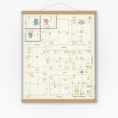 Old map wall art mockup — magnetic wood frame on white wall — Sanborn Fire Insurance Map from Haskell, Haskell County, Texas (1913), Sheet #0003