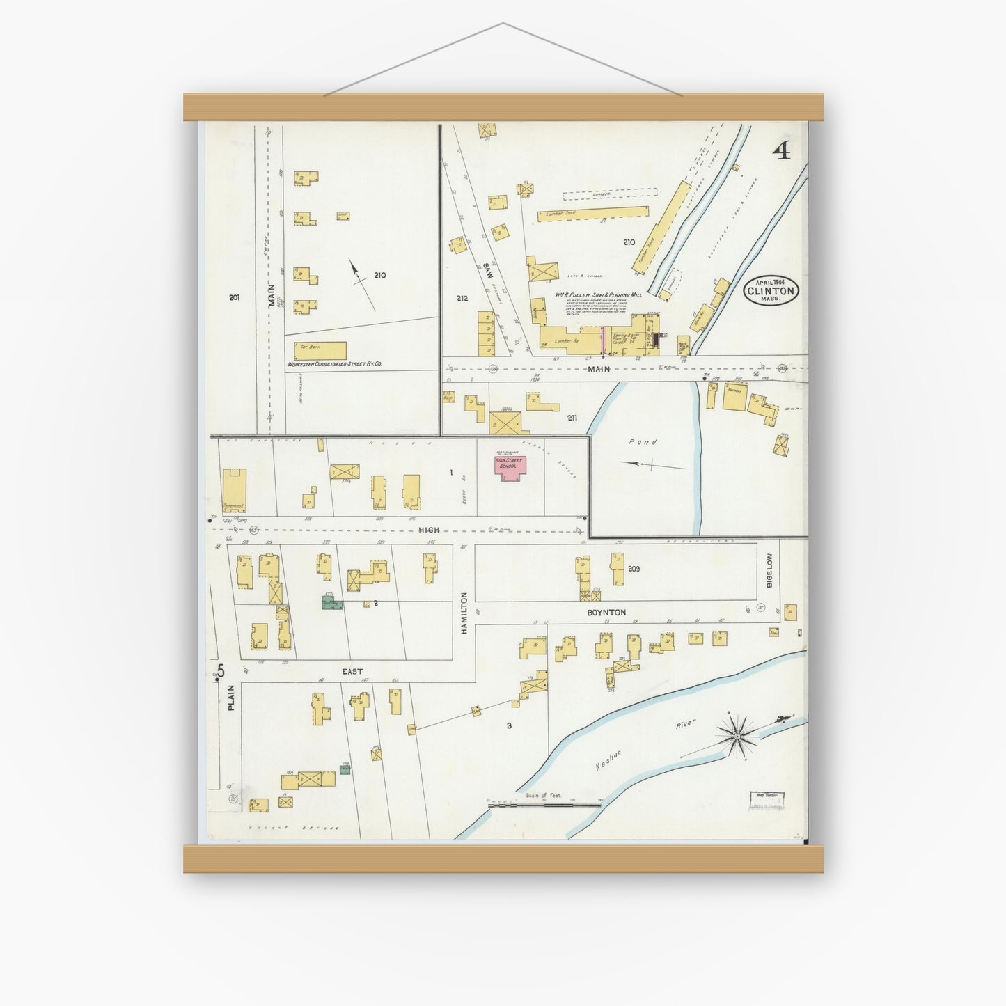 Old map wall art mockup — magnetic wood frame on white wall — Sanborn Fire Insurance Map from Clinton, Worcester County, Massachusetts (1904), Sheet #0004