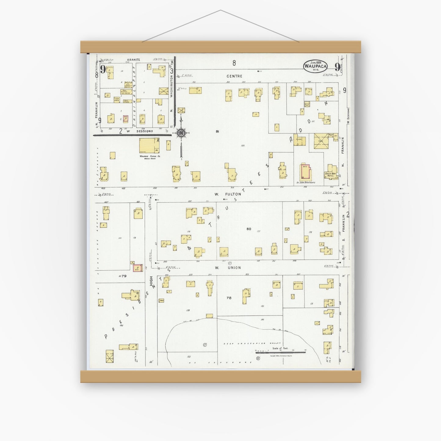 Old map wall art mockup — magnetic wood frame on white wall — Sanborn Fire Insurance Map from Waupaca, Waupaca County, Wisconsin (1924), Sheet #0009