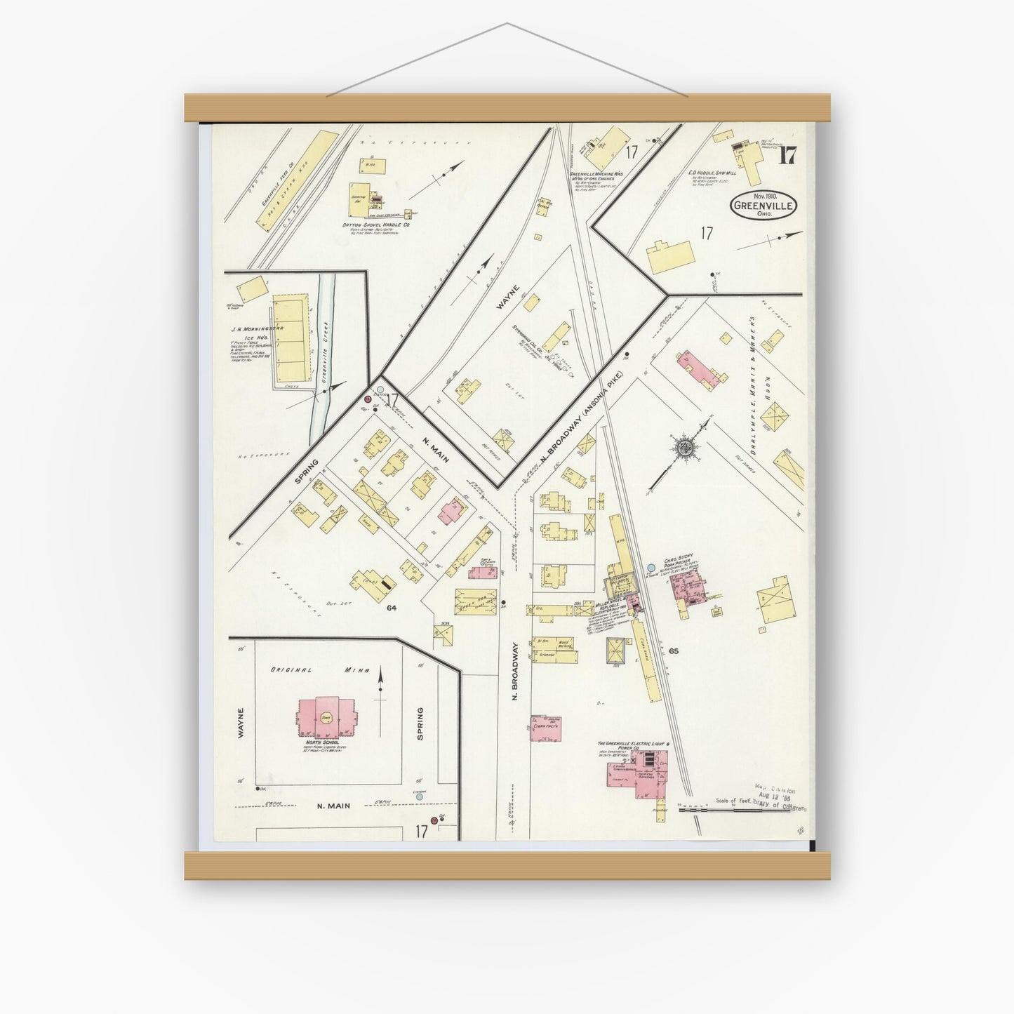 Old map wall art mockup — magnetic wood frame on white wall — Sanborn Fire Insurance Map from Greenville, Darke County, Ohio (1910), Sheet #0017