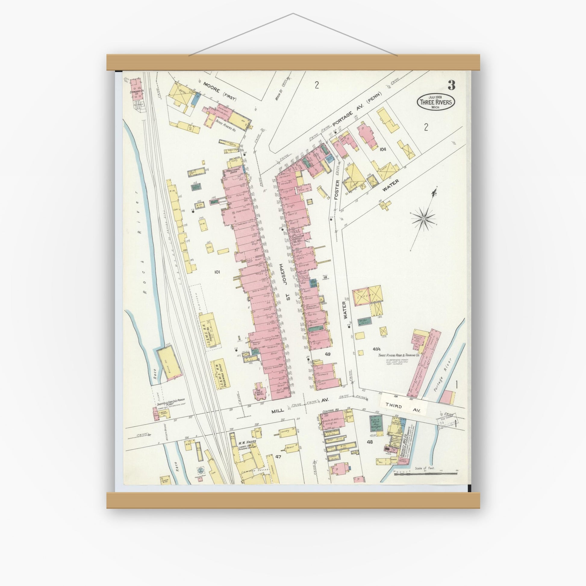 Old map wall art mockup — magnetic wood frame on white wall — Sanborn Fire Insurance Map from Three Rivers, Saint Joseph County, Michigan (1909), Sheet #0003