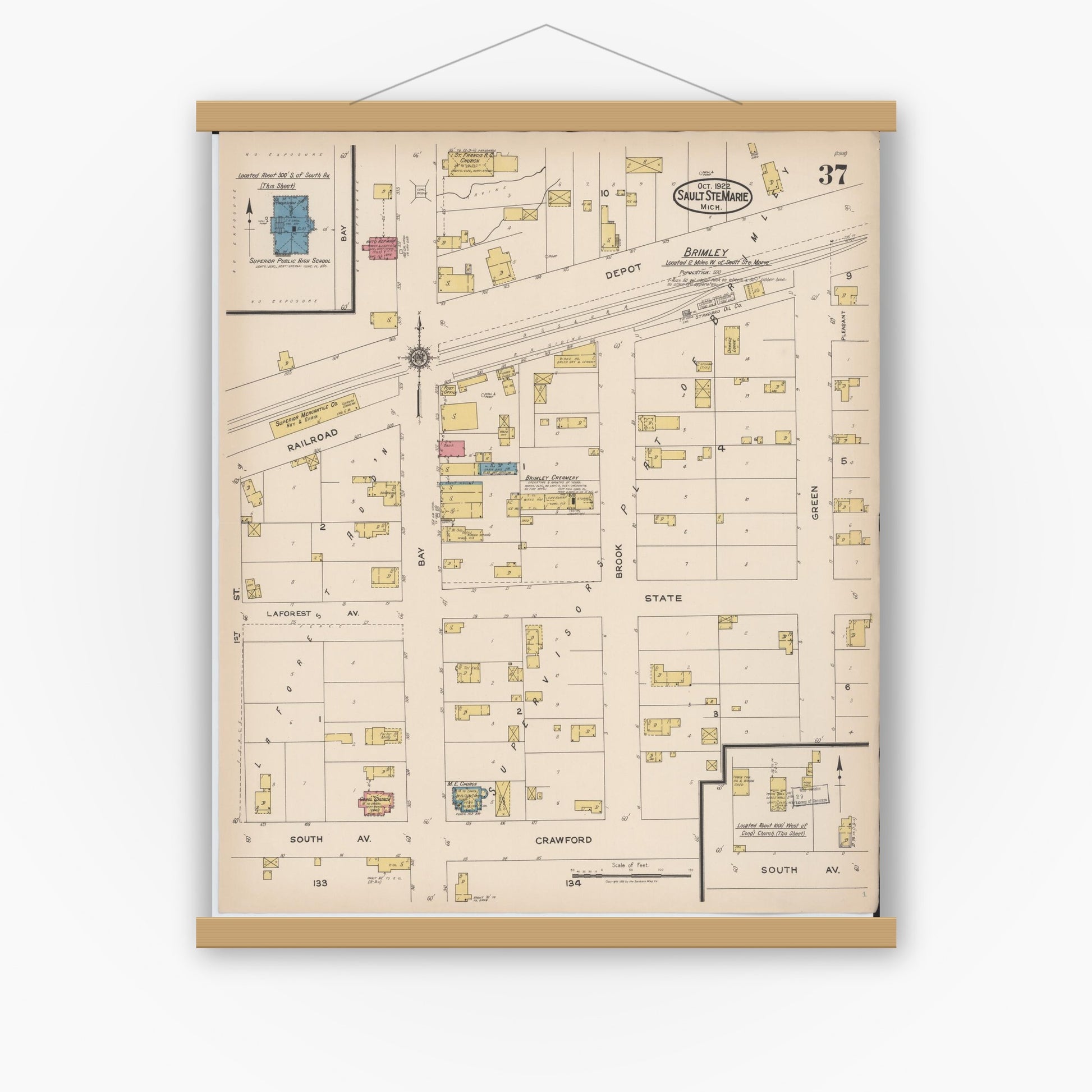 Old map wall art mockup — magnetic wood frame on white wall — Sanborn Fire Insurance Map from Sault Sainte Marie, Chippewa County, Michigan (1922), Sheet #0037