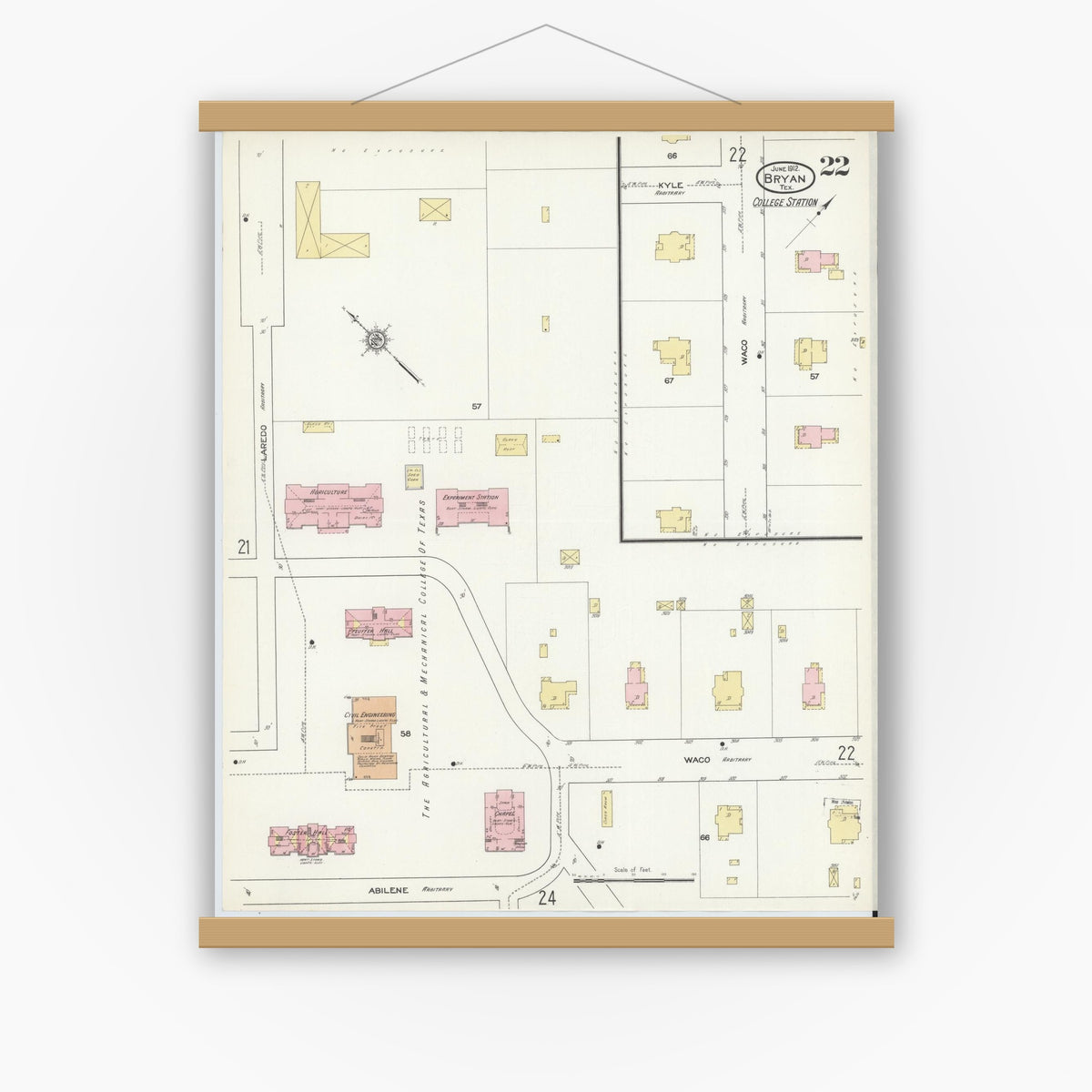 Old map wall art mockup — magnetic wood frame on white wall — Sanborn Fire Insurance Map from Bryan, Brazos County, Texas (1912), Sheet #0022