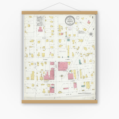 Old map wall art mockup — magnetic wood frame on white wall — Sanborn Fire Insurance Map from Loogootee, Martin County, Indiana (1902) - Complete Map Set