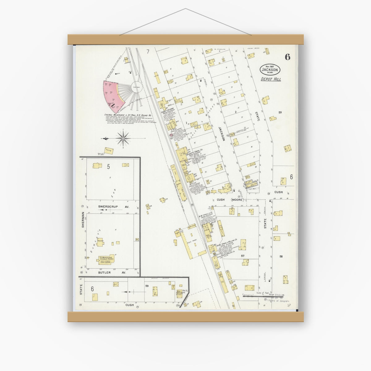 Old map wall art mockup — magnetic wood frame on white wall — Sanborn Fire Insurance Map from Jackson, Jackson County, Minnesota (1907), Sheet #0006