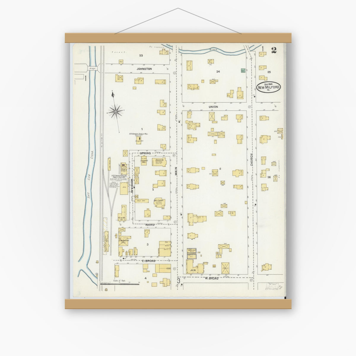 Old map wall art mockup — magnetic wood frame on white wall — Sanborn Fire Insurance Map from New Milford, Susquehanna County, Pennsylvania (1904), Sheet #0002