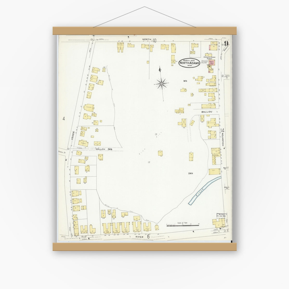 Old map wall art mockup — magnetic wood frame on white wall — Sanborn Fire Insurance Map from North Adams, Berkshire County, Massachusetts (1908), Sheet #0009