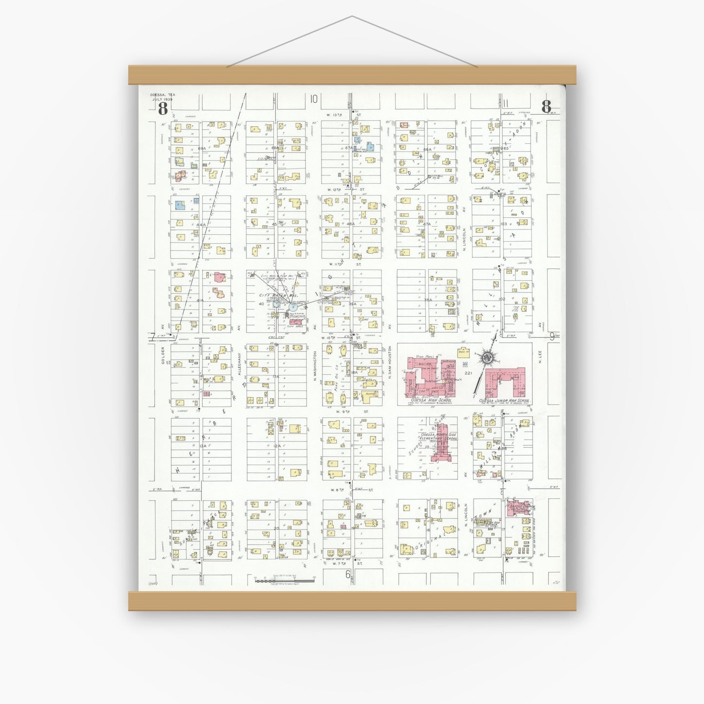 Old map wall art mockup — magnetic wood frame on white wall — Sanborn Fire Insurance Map from Odessa, Edger County, Texas (1939), Sheet #0008