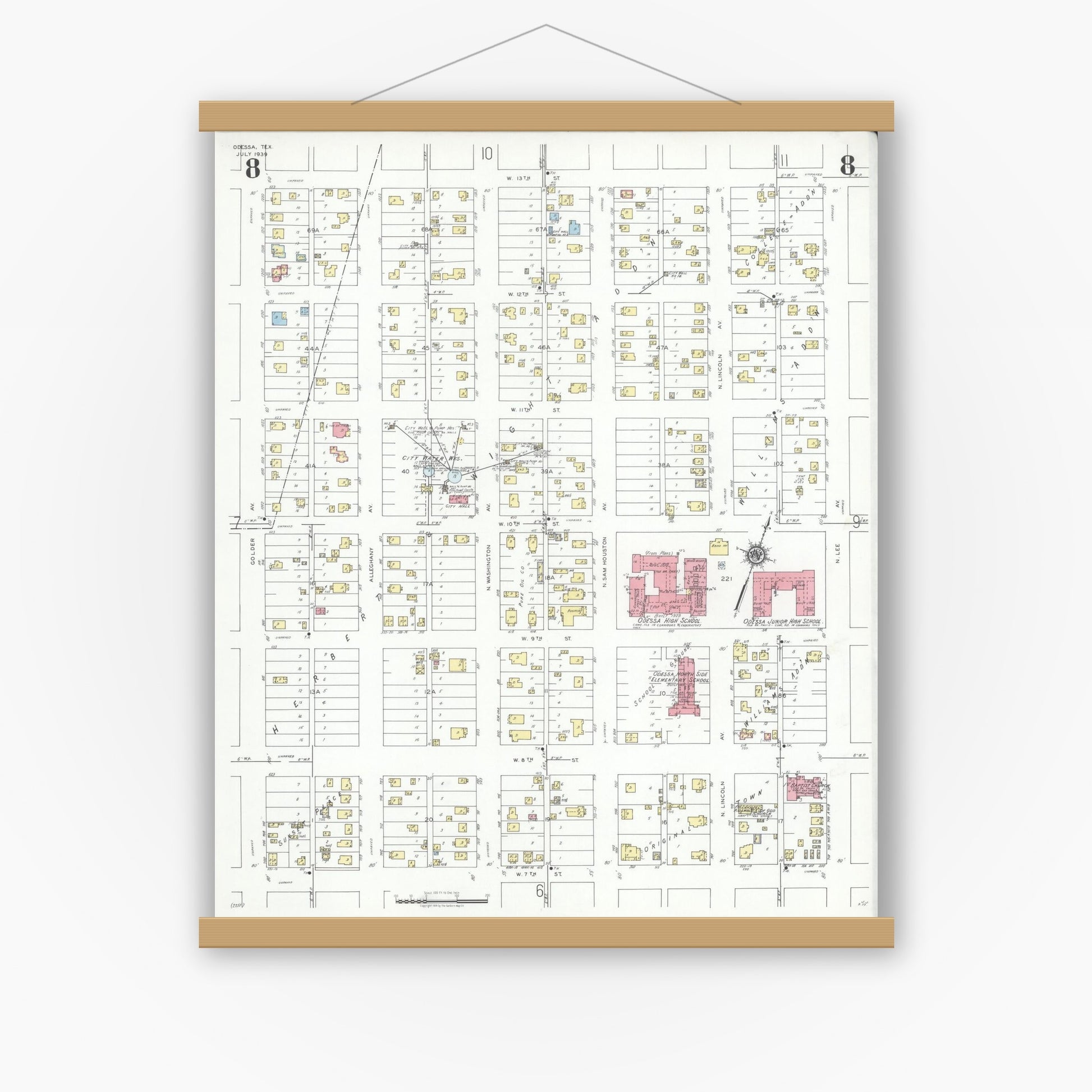Old map wall art mockup — magnetic wood frame on white wall — Sanborn Fire Insurance Map from Odessa, Edger County, Texas (1939), Sheet #0008