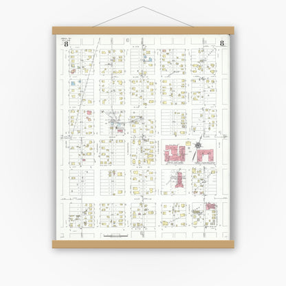Old map wall art mockup — magnetic wood frame on white wall — Sanborn Fire Insurance Map from Odessa, Edger County, Texas (1939), Sheet #0008