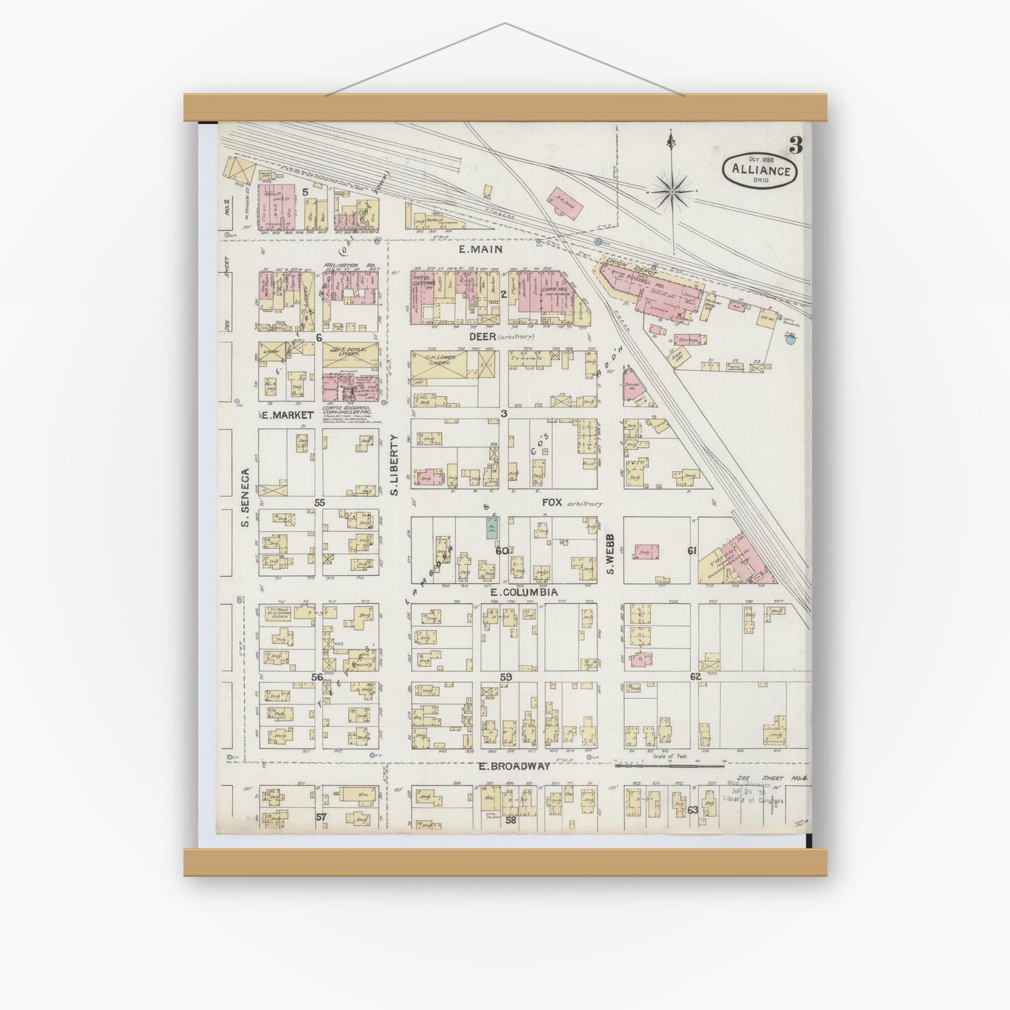 Old map wall art mockup — magnetic wood frame on white wall — Sanborn Fire Insurance Map from Alliance, Stark County, Ohio (1888), Sheet #0003