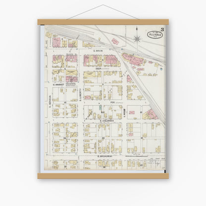 Old map wall art mockup — magnetic wood frame on white wall — Sanborn Fire Insurance Map from Alliance, Stark County, Ohio (1888), Sheet #0003