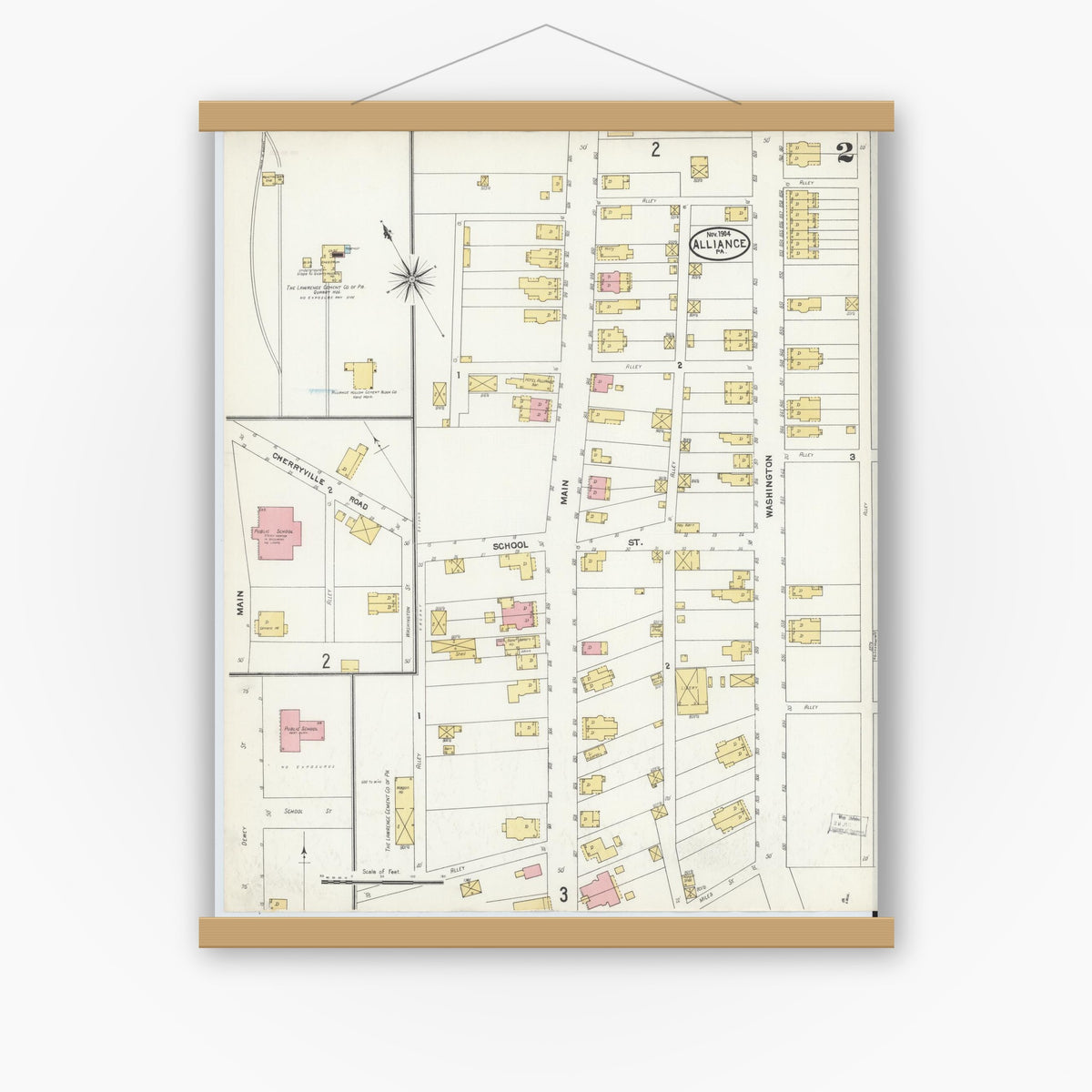 Old map wall art mockup — magnetic wood frame on white wall — Sanborn Fire Insurance Map from Alliance, Northampton County, Pennsylvania (1904), Sheet #0002