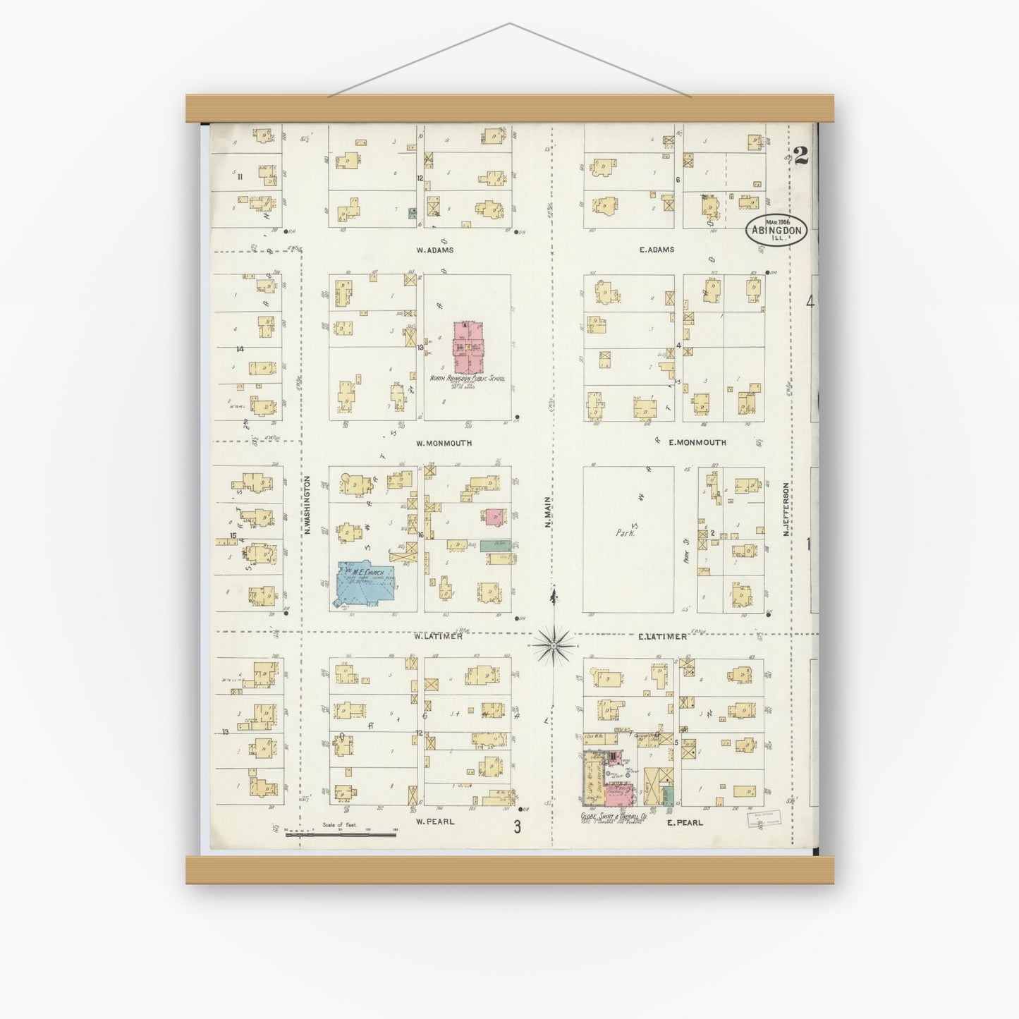 Old map wall art mockup — magnetic wood frame on white wall — Sanborn Fire Insurance Map from Abingdon, Knox County, Illinois (1906), Sheet #0002