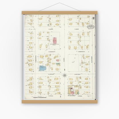 Old map wall art mockup — magnetic wood frame on white wall — Sanborn Fire Insurance Map from Abingdon, Knox County, Illinois (1906), Sheet #0002