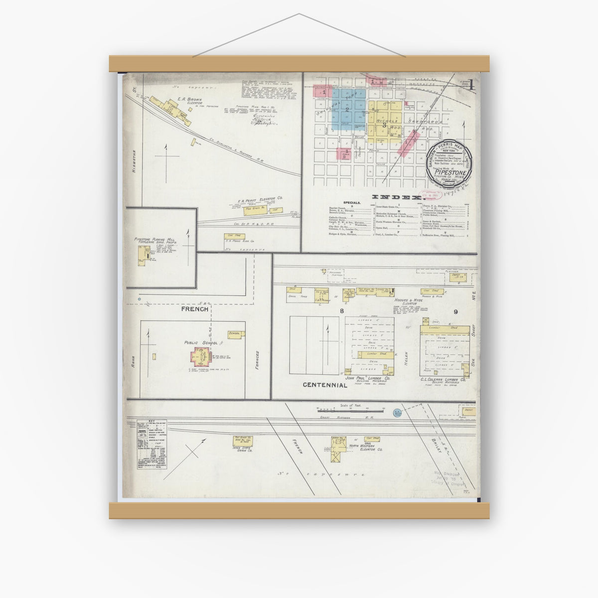 Old map wall art mockup — magnetic wood frame on white wall — Sanborn Fire Insurance Map from Pipestone, Pipestone County, Minnesota (1892) - Complete Map Set
