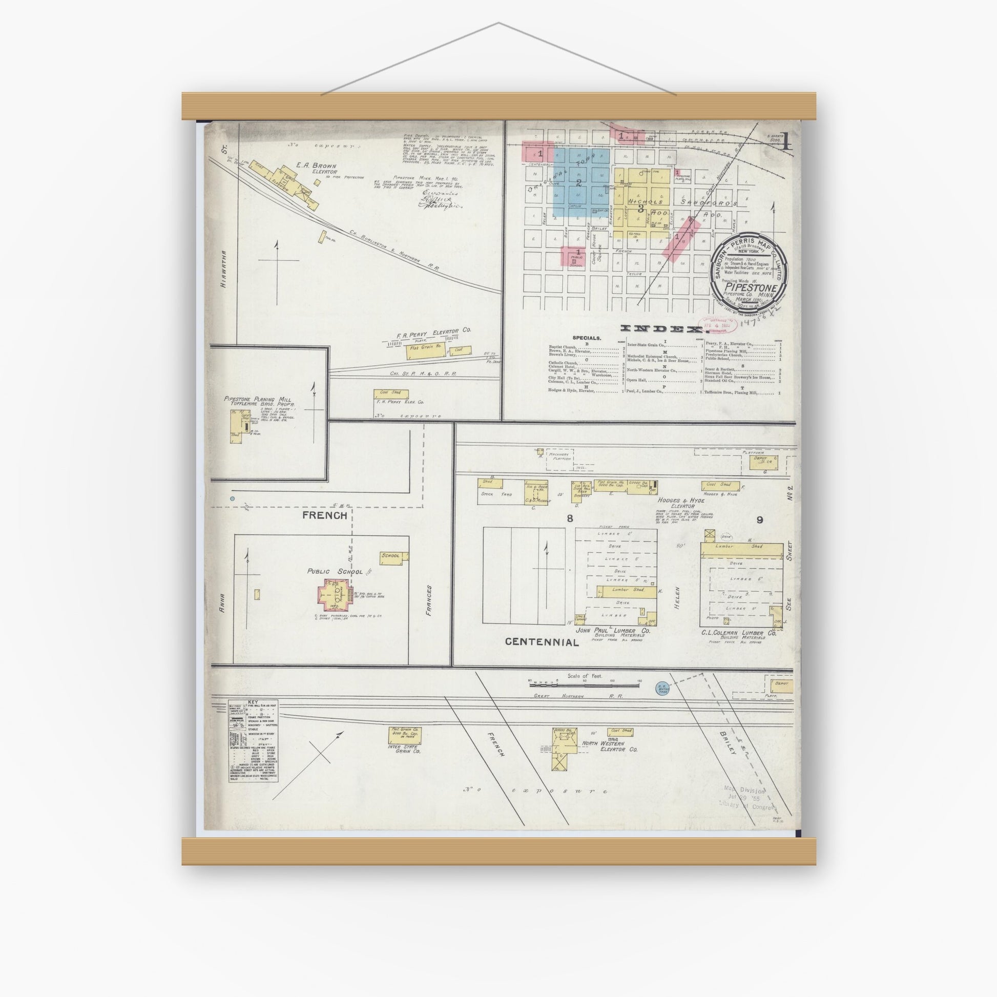 Old map wall art mockup — magnetic wood frame on white wall — Sanborn Fire Insurance Map from Pipestone, Pipestone County, Minnesota (1892) - Complete Map Set