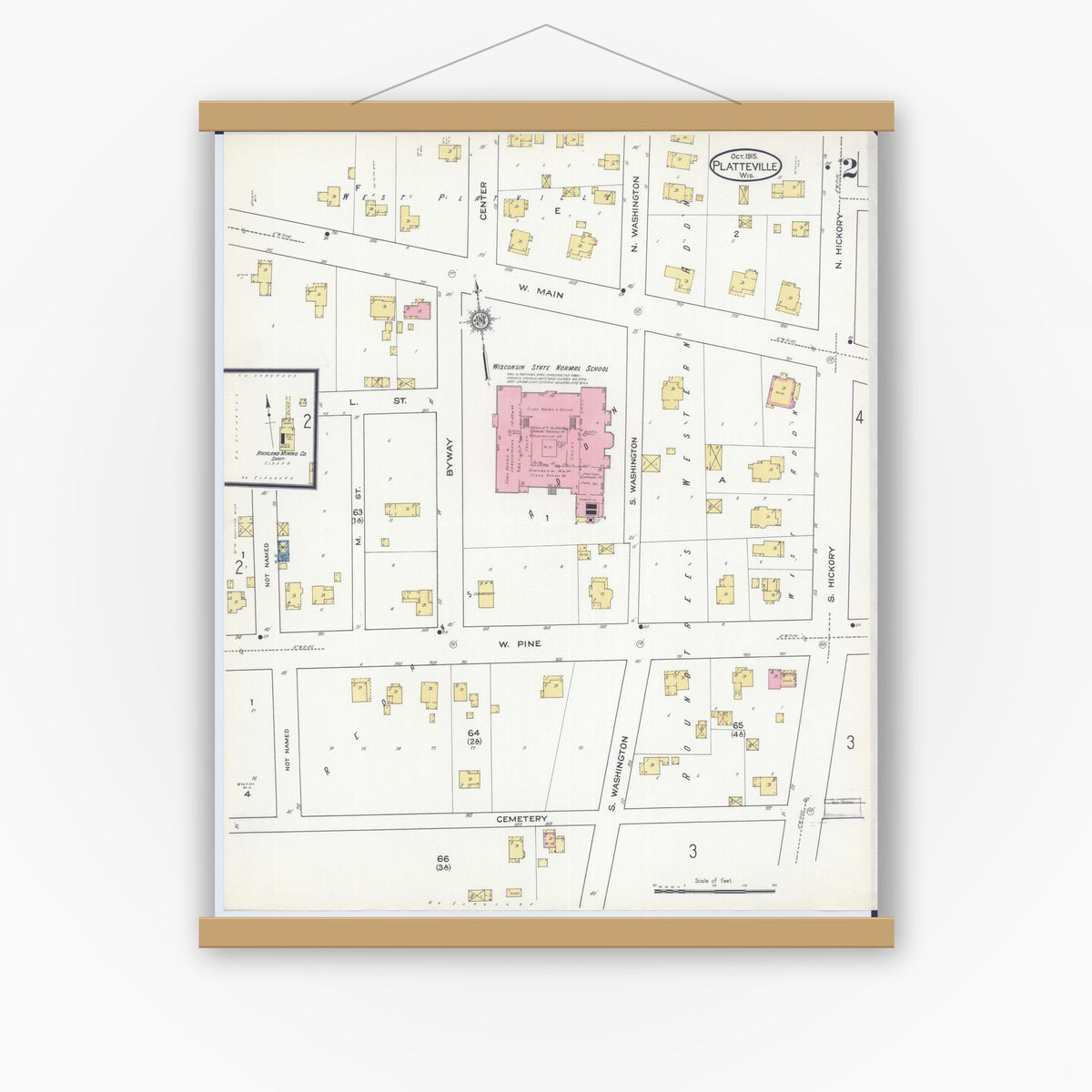 Old map wall art mockup — magnetic wood frame on white wall — Sanborn Fire Insurance Map from Platteville, Grant County, Wisconsin (1915), Sheet #0002