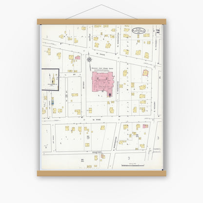 Old map wall art mockup — magnetic wood frame on white wall — Sanborn Fire Insurance Map from Platteville, Grant County, Wisconsin (1915), Sheet #0002