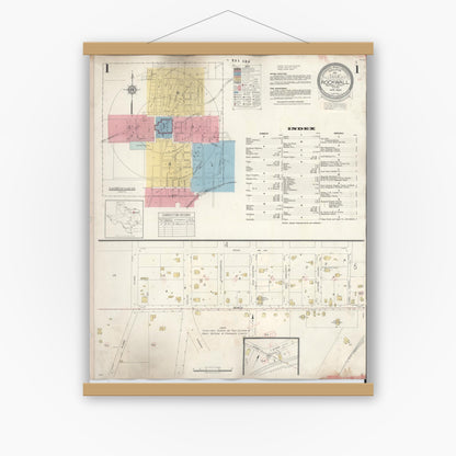 Old map wall art mockup — magnetic wood frame on white wall — Sanborn Fire Insurance Map from Rockwall, Rockwall County, Texas (1945) - Complete Map Set